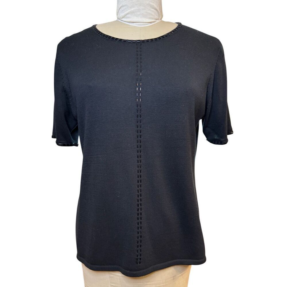 Gladys Bagley Knit Top Sz. XL Beaded Neckline/Center Black Vintage